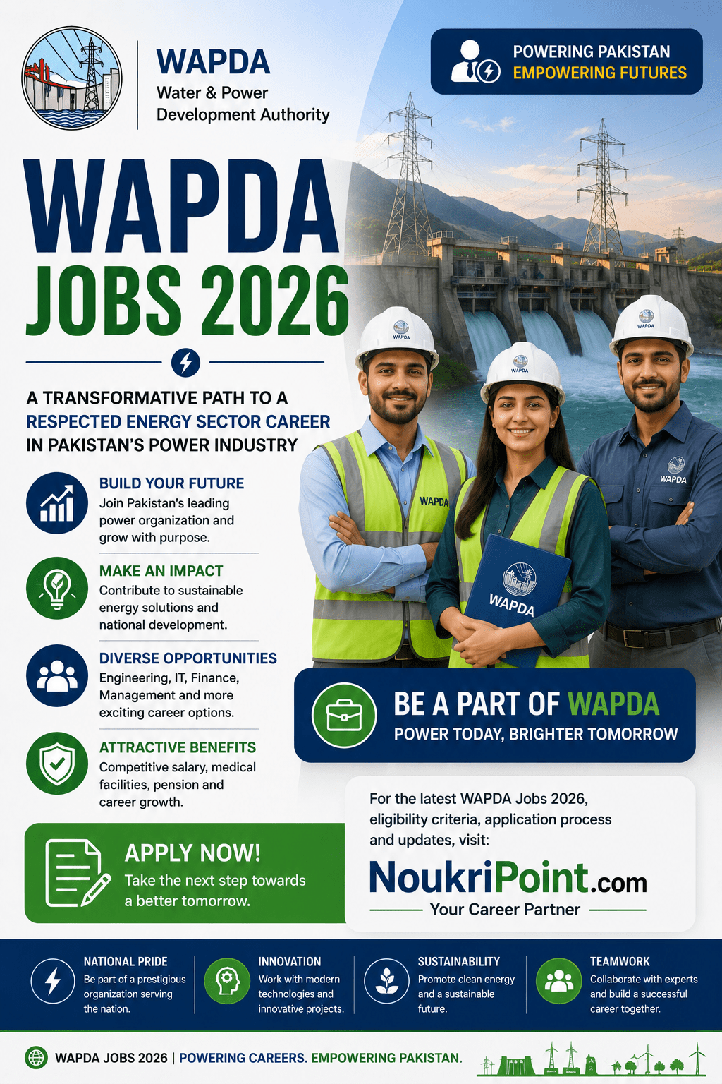 Professional WAPDA Jobs 2026 banner featuring engineers and energy sector professionals in front of a hydroelectric dam and power infrastructure with the headline “A Transformative Path to a Respected Energy Sector Career in Pakistan’s Power Industry” and NoukriPoint branding.