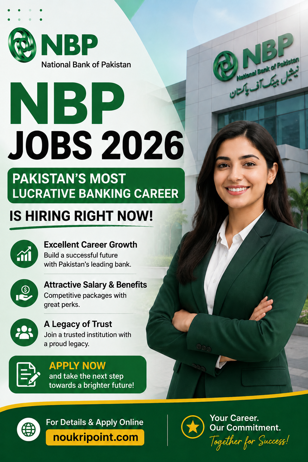 NBP Jobs 2026 infographic for National Bank of Pakistan careers — Branch Manager, Relationship Manager, OG-III, and Teller positions hiring now