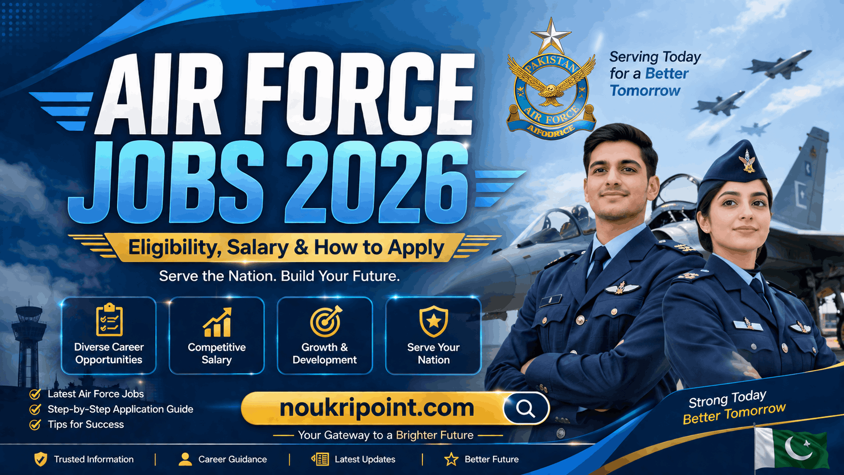 Air Force Jobs 2026 banner showing PAF officers in uniform, fighter jets, and official crest with eligibility and salary details