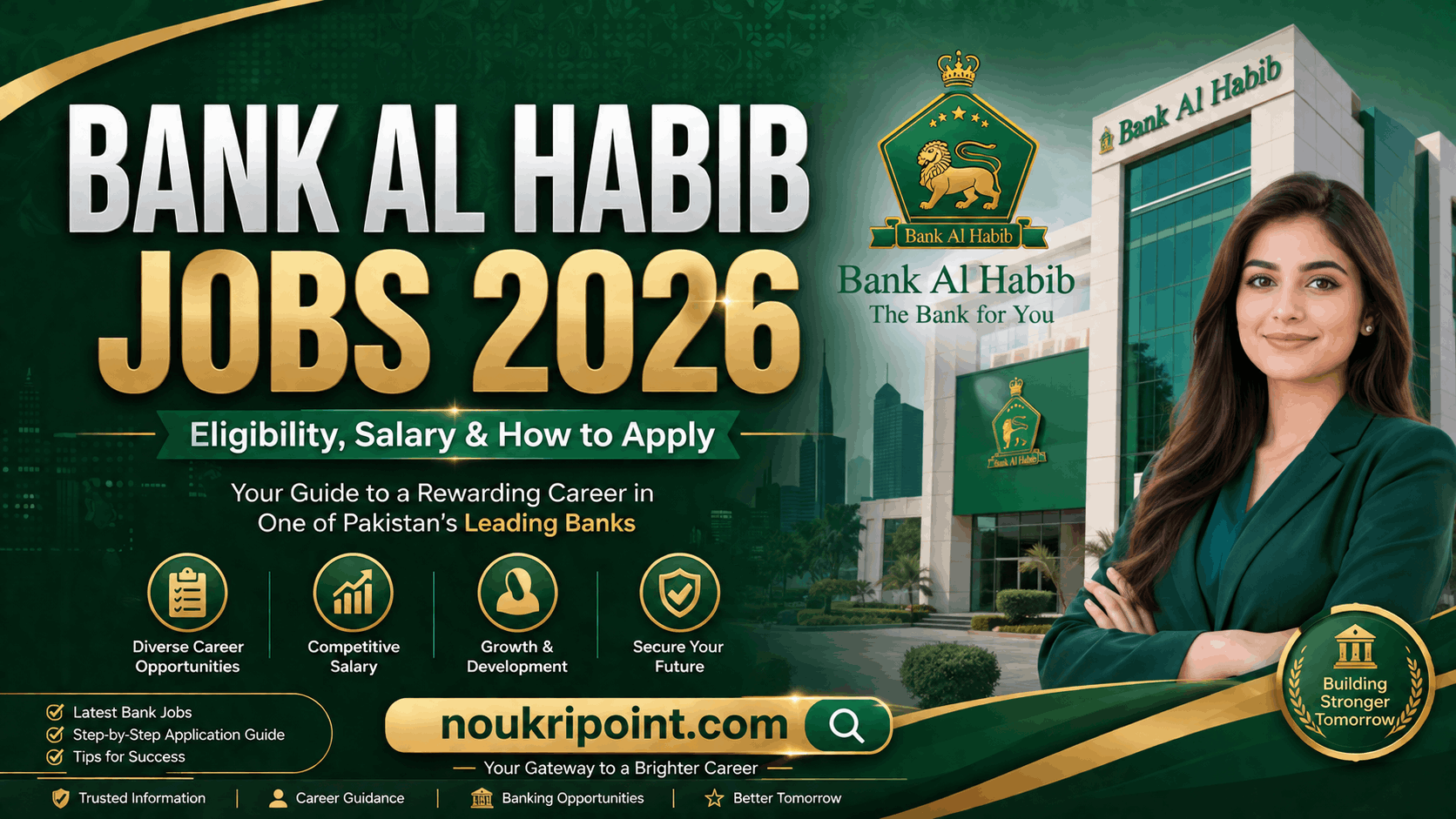 Bank Al Habib Jobs 2026 banner showing bank headquarters, official logo, and a banking professional with eligibility and salary details
